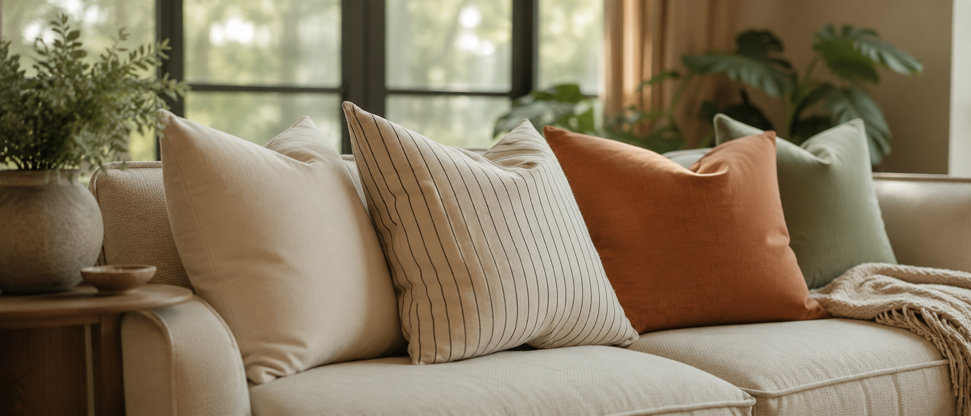 Blankets and cushions arranged in a comfortable living space
